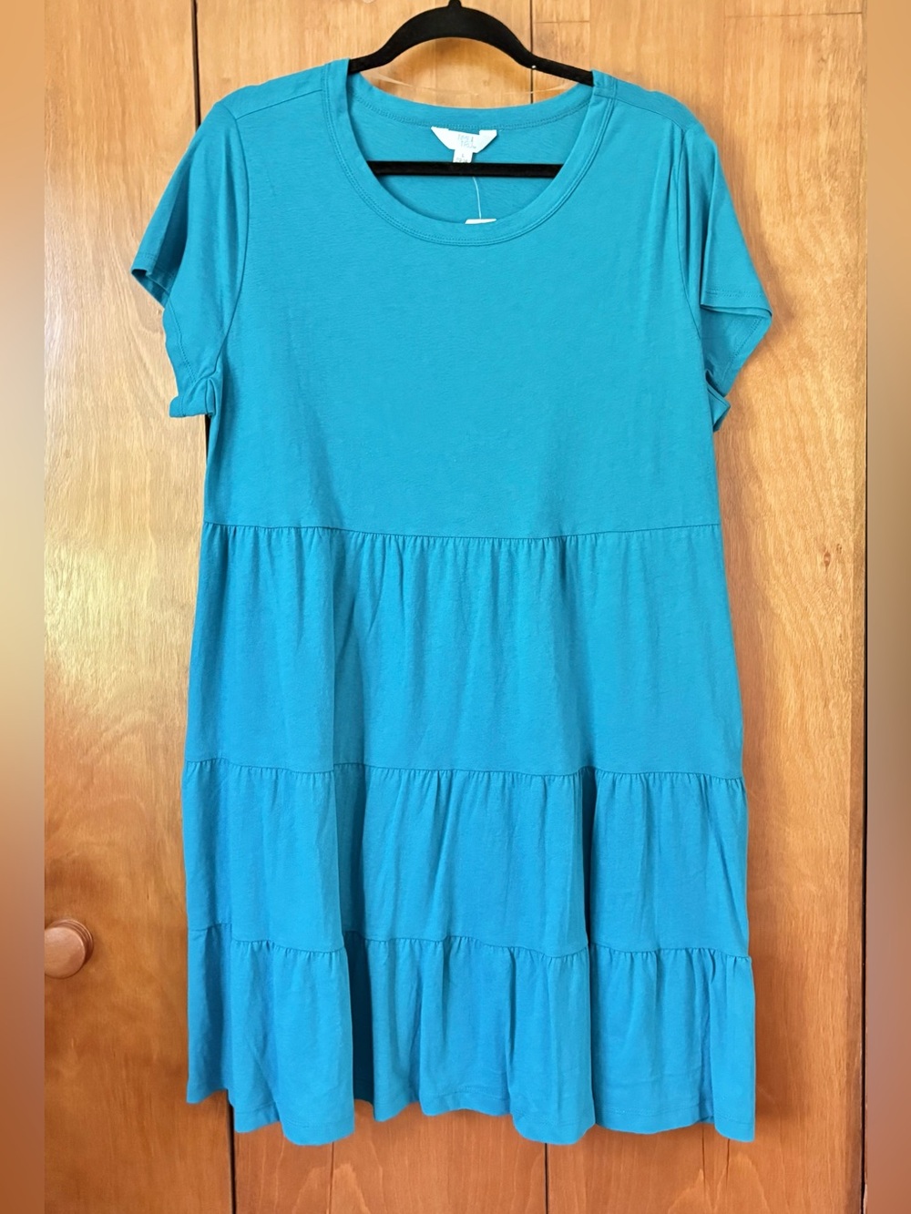 Time and True Turquoise Tiered Dress Pockets 100% Cotton Size Large NWT